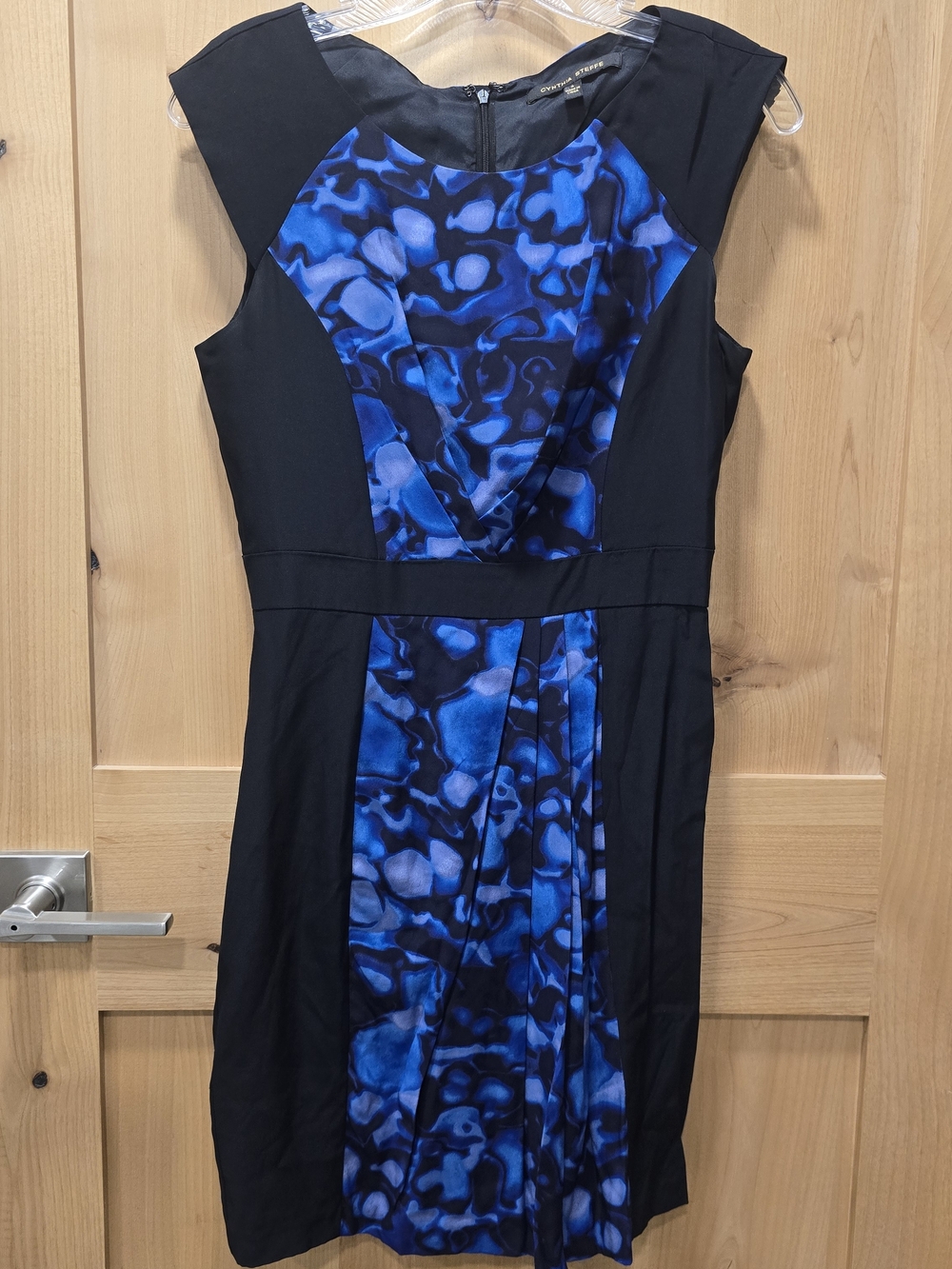 CYNTHIA STEFFE "Miriam" Silk Sheath Dress with Electric Blue Abstract Panels